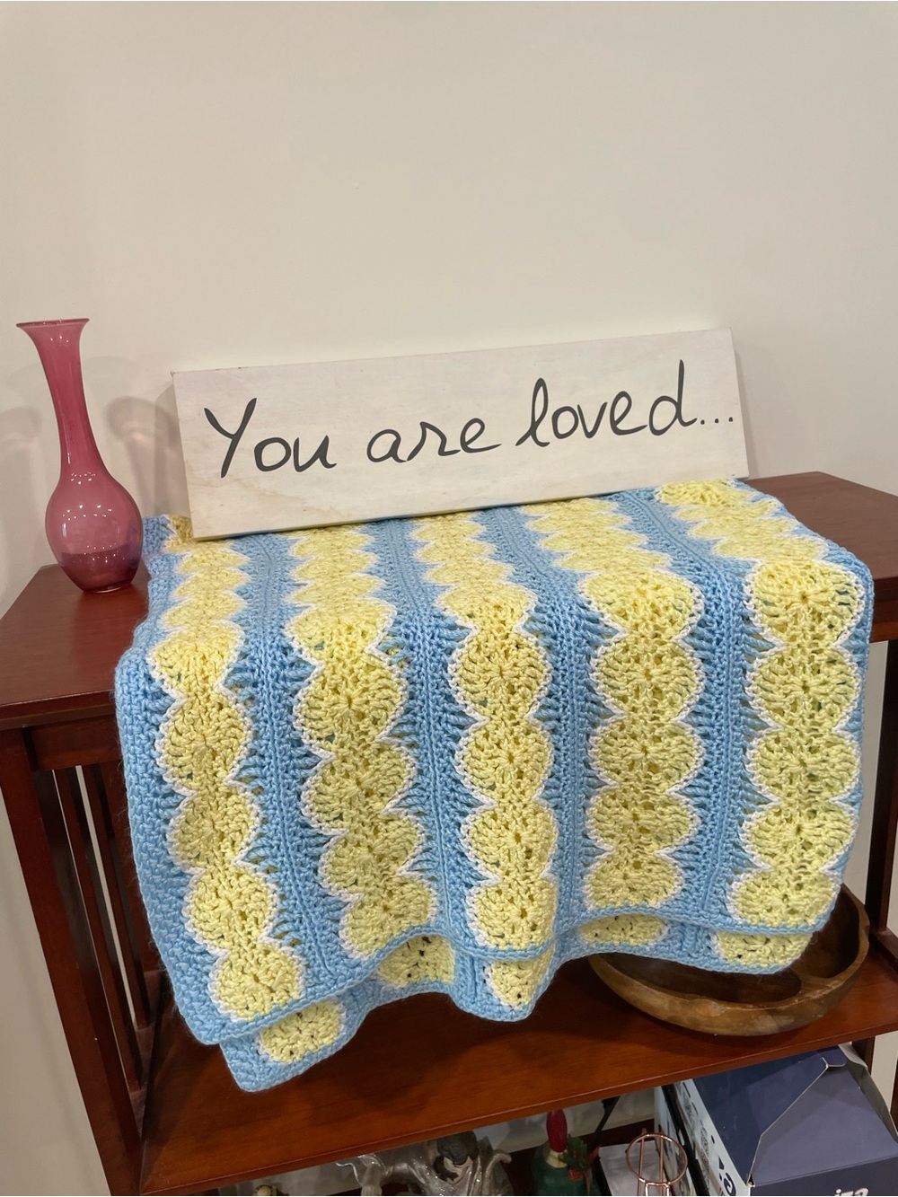 Handmade Yellow & Light Blue Crochet Throw Blanket